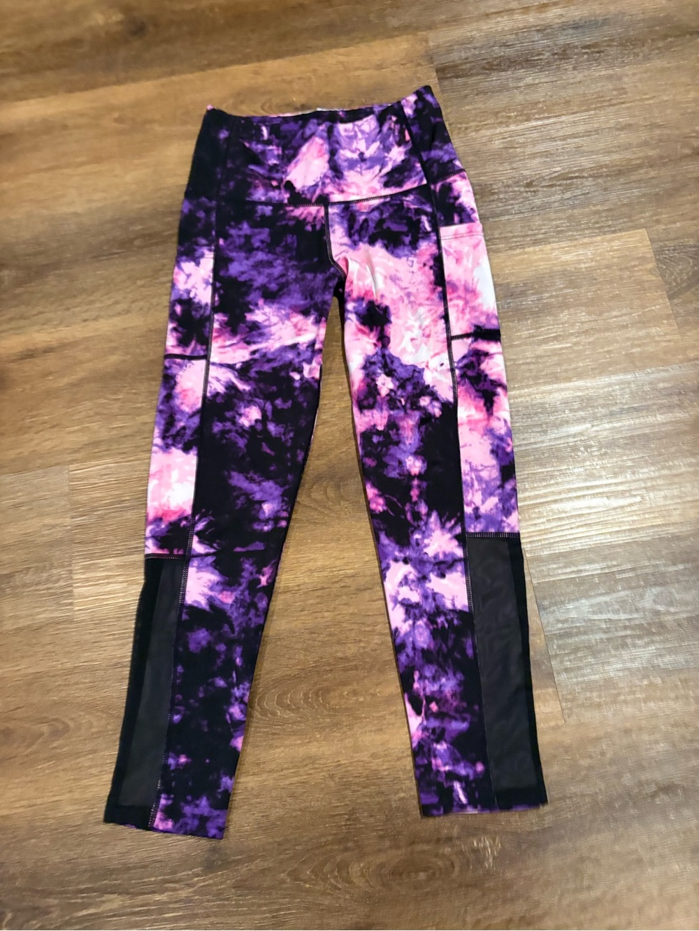 Purple & Pink Tie-Dye Leggings with Black Mesh Panels